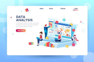 Karakterli veri analizi kavramı. Motor stratejisi, analiz, geliştiriciler için iş yeri bilgisi, yaratıcı optimizasyon için çalışma alanı. Web pankartı için şablon, düz izometrik illüstrasyon.