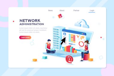 Veri merkezi onarım bilgileri, ağ, lan kavramı üzerinde yönetici. Karakter monitör ve destek, Web sitesi bir yönetici. Banner Infographic simgeler düz izometrik amblemi akış grafiği vektör çizim.