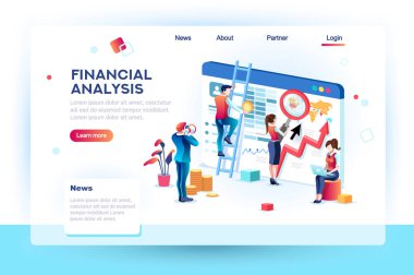 Finans analistler. Analytics Web sitesi, Infographic büyütme küçük sosyal sunum için kavramı. Küresel işgal kavramı karakterleri ve metin ile çalışma. Düz izometrik vektör çizim.