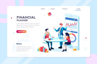 İş danışmanı takım. Yatırım, danışman tartışma toplantı, hesap yönetimi. Veri gelir grafik profesyonel analiz, finansal analist kavramı. Düz izometrik çizimde karakterlerde