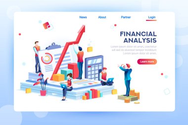 Denge mali değeri, yönetim ve yönetim kavramı. Karakter, bir plan mühendislik insanlar. İstatistik, finansal risk grafik hesaplama. Düz izometrik karakter illüstrasyon vektör.