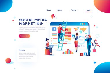 Sosyal medya pazarlama geliştirme, Müşteri Analizi, içerik analytics. Profesyonel seyirci, reklam gibi analiz. Reklam hedef kavramı. Karakter, düz izometrik vektör çizim