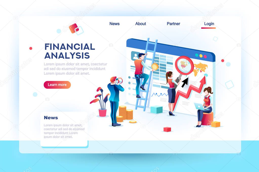 Finance analysts. Concept of analytics for website, small social presentation, magnifying infographic. Study global occupation concept with characters and text. Flat isometric vector illustration.