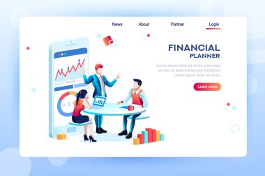 İş danışmanı takım. Yatırım, danışman tartışma toplantı, hesap yönetimi. Veri gelir grafik profesyonel analiz, finansal analist kavramı. Düz izometrik çizimde karakterlerde