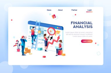 Finans analistler. Analytics Web sitesi, Infographic büyütme küçük sosyal sunum için kavramı. Küresel işgal kavramı karakterleri ve metin ile çalışma. Düz izometrik vektör çizim.