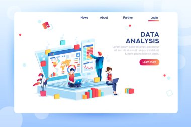 Karakterli veri analizi kavramı. Motor stratejisi, analiz, geliştiriciler için iş yeri bilgisi, yaratıcı optimizasyon için çalışma alanı. Web pankartı için şablon, düz izometrik illüstrasyon.