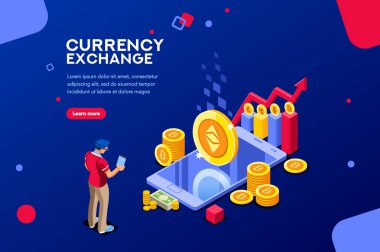 Ethereum şifreleme veya işlem kodu. Blok zinciri Infographic, ticaret sayfa Döviz cryptocurrency için. Karakterleri ve metin ile kavram. Düz izometrik görüntüleri, blockchain vektör çizim.