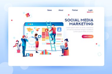 Sosyal medya pazarlama geliştirme, Müşteri Analizi, içerik analytics. Profesyonel seyirci, reklam gibi analiz. Reklam hedef kavramı. Karakter, düz izometrik vektör çizim