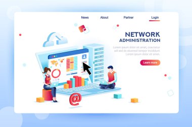 Veri merkezi onarım bilgileri, ağ, lan kavramı üzerinde yönetici. Karakter monitör ve destek, Web sitesi bir yönetici. Banner Infographic simgeler düz izometrik amblemi akış grafiği vektör çizim.