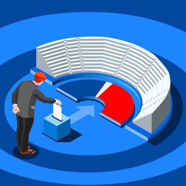 El koyarak etiket. Seçim anket oy hakkında. Oy, hükümet için demokrasi karar. Kampanya için seçme. Oy sandığı siyaset Cumhuriyet sembolü. Düz izometrik Infographic vektör çizim