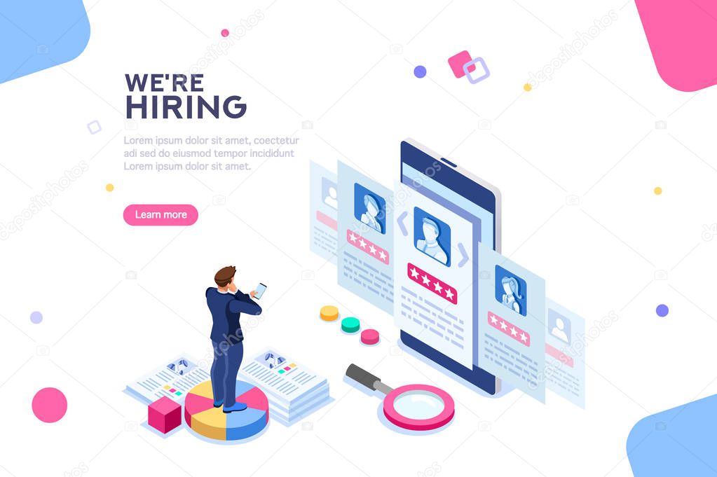 Social presentation for employment. Infographic for recruiting. Web recruit resources, choice, research or fill form for selection. Application for employee hiring. flat isometric vector illustration.