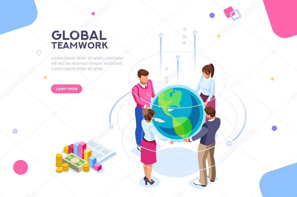 Search idea, new meeting profit, worker partner, staff strategy. Businesswoman presentation. Confident company investor corporate global colleague standing. World of flat isometric vector illustration
