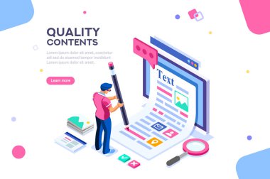 Blog edit, post infographic with pencil. Research promotion for seo content or marketing. Create education concept with characters and text. Flat isometric images, vector illustration. clipart