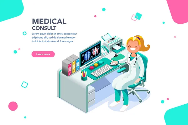 Concept Met Tekens Behandeling Examen Patiënt Specialist Cartoon Onderzoek Diagnose — Stockvector