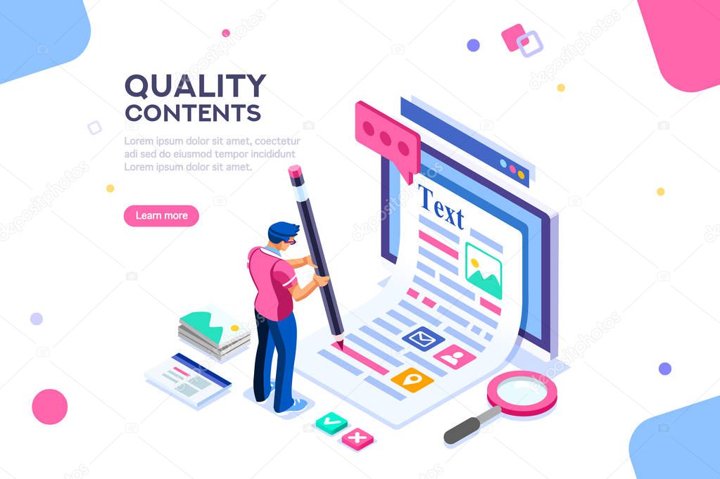 Blog edit, post infographic with pencil. Research promotion for seo content or marketing. Create education concept with characters and text. Flat isometric images, vector illustration.