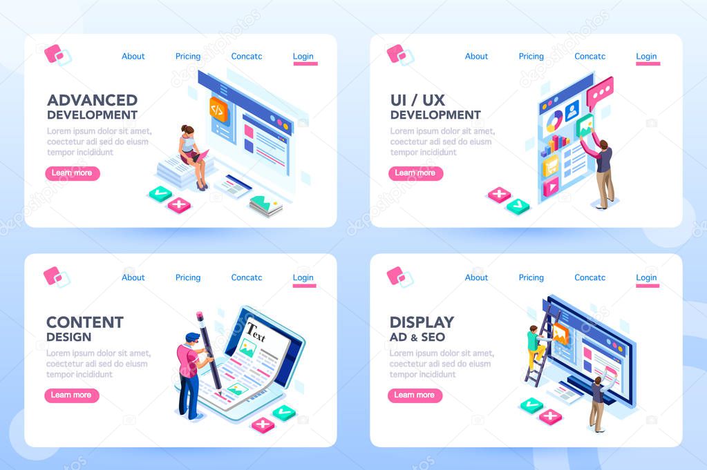 Develop, web development, process concept, webdesign advertising, engine for software content. Visual front infographic of program optimization concept. Characters flat isometric vector illustration.