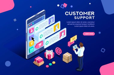 Ticari destek web sitesinde müşteri hareketi için. Tüketici Web sitesi, elektronik pano alıcı. Düz izometrik görüntüleri vektör çizim karakterleri ticaret veya pazarlama kavramı ile.