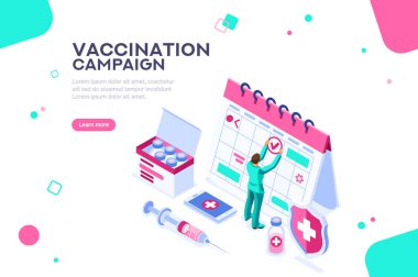 Aşı acil gün, virüs infographics kavramı. Yetişkin vurdu. Şırınga şablonu. Koruma kampanya için bağışıklık. Kavram karakterlerle düz izometrik vektör çizim.