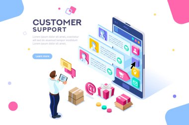 Ticari destek web sitesinde müşteri hareketi için. Tüketici Web sitesi, elektronik pano alıcı. Düz izometrik görüntüleri vektör çizim karakterleri ticaret veya pazarlama kavramı ile.