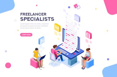 Infographic yazılım geliştirme proje tel kafes. Masaüstü iş istasyonu ofis sorumlusu için mühendislik. Serbest meslek, kavram karakterleri ve metin ile grafik. Düz izometrik vektör çizim