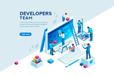 Proje geliştirme, geliştirici için şablon mühendis ekibi. Kodlama geliştirmek, programcı, bilgisayar veya iş istasyonu için iş. Kavram karakteri, düz izometrik vektör çizim ile