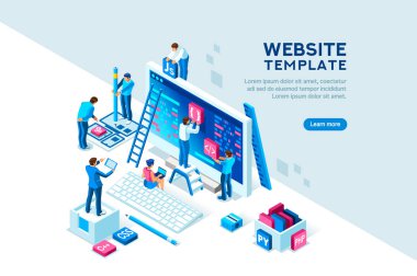 Proje ekibi mühendisleri için Web sitesi oluşturmak. Bir kavram karakterlerde. Programlama yazılım kodlama ve geliştirme, programcı veya tasarımcı için şablon. Düz izometrik kavramı. Vektör çizim.