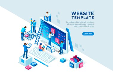 Project team of engineers for website create. Characters on a concept. Programming software coding and development, template for programmer or designer. Flat isometric concept. Vector illustration.
