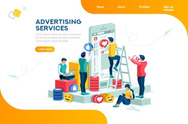 Ağ Hizmetleri, büyük medya aracı. Internet promosyon, reklam, modern reklam. İzleyici telefon yatay elektronik yer olarak, uçak ile küçük bir fincan. Düz izometrik vektör çizim.