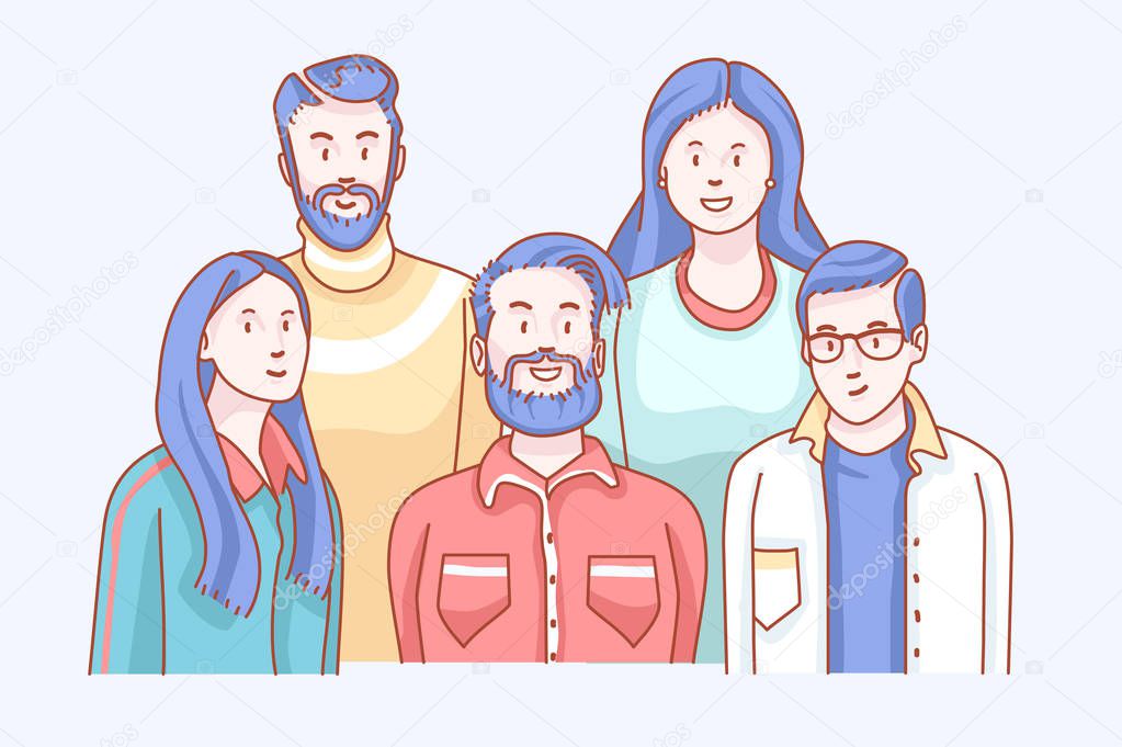 Friends. Soft front doodle, relationship sketch of behaviors. Smiling shot, looking and feeling like a group of gathering men. Concept with characters soft tone mono clip art hand drawn vector design.