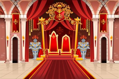 Knight Kraliyet zırhı ile kale ve windows, antik zengin Ortaçağ Sanat kapıyı tut. Sarayın Kralı tahtını görüntüsüyle. Bayraklar fantezi peri kraliçesi. Vektör çizim.