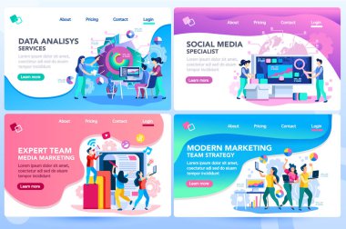 Analiz Yönetimi danışın. Modern pazarlama stratejisi. Proje menü Yazılım araştırma. Web sitesi öğretici şablonu karakterlerde. Modern vektör çizim düz kavramı set, açılış sayfası