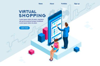 Sanal alışveriş. Yazılım veri etkileşimi. Modern insan etkileşim. Infographic, veritabanı grafikler, perakende grafik, sipariş arabirim izleme. Kavram 3d düz izometrik çizimde. Karakter vektör.