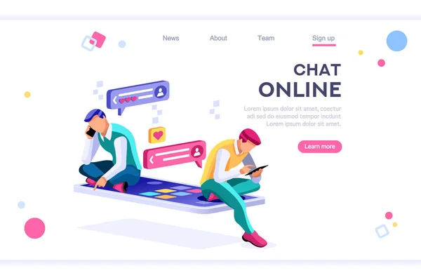 Online dating, sociale tieners. Concept van de koptekst van de toepassings header van Network top. Cartoon banner tussen witte achtergrond, tussen lege ruimte. 3D beelden Isometrische Vector illustraties. Mensen interageren — Stockvector