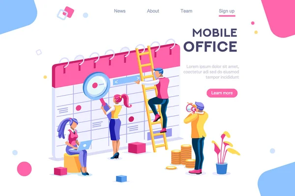 La landing page del calendario interactúa. Gráficos de datos, base de datos, mostrar estadísticas. Banner entre fondo blanco, entre espacio vacío. Imágenes 3d ilustraciones vectoriales isométricas. Interactuar con las personas — Archivo Imágenes Vectoriales