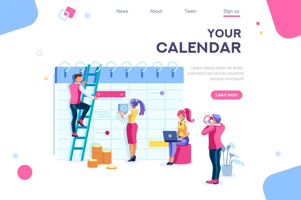 La landing page del calendario interactúa. Gráficos de datos, base de datos, mostrar estadísticas. Banner entre fondo blanco, entre espacio vacío. Imágenes 3d ilustraciones vectoriales isométricas. Interactuar con las personas — Archivo Imágenes Vectoriales