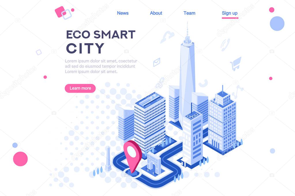 Web city smart eco system for engineers. Build flat complex, tech dashboard, virtual ui, architecture homepage. Map of skyscraper center. Banner, 3d isometric buildings isolated on white background