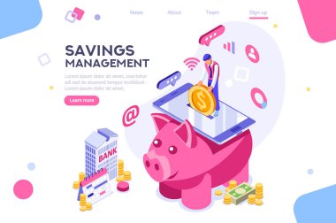 Para yatırma, banknot afişi. Akıllı telefondaki para, para tutma. Infographics, kahraman görüntüleri için Banka kavramı. Düz isometrik vektör çizimi. Beyaz arka plan arasında, boş alan arasında web afişi