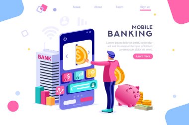 Banka akıllı telefon üzerinde sikke tutan. Para afiş, infographics, kahraman görüntüleri için banknot yatırma kavramı. Düz isometrik vektör çizimi. Beyaz arka plan arasında, boş alan arasında web afişi
