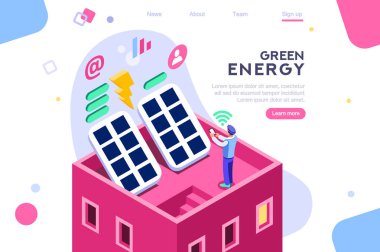 Dijital güneş enerjisi yapımı. Paneller, elektrik ekonomisi, ev aletleri. Bilgi grafikleri, kahraman görüntüleri için konsept. Düz isometrik vektör çizimi. Beyaz arka plan arasında, boş alan arasında web afişi