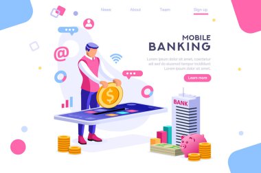 Banka akıllı telefon üzerinde sikke tutan. Para afiş, infographics, kahraman görüntüleri için banknot yatırma kavramı. Düz isometrik vektör çizimi. Beyaz arka plan arasında, boş alan arasında web afişi