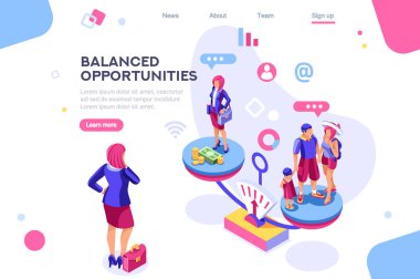 Seçim, yaşam sorumluluğu, iş seçimi, mesleki karar dengesi. Beyaz arka plan arasında, boş alan arasında afiş. 3d görüntüler isometrik vektör çizimleri. Etkileşimedebilen kişiler