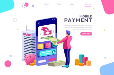 Banka akıllı telefon üzerinde sikke tutan. Para afiş, infographics, kahraman görüntüleri için banknot yatırma kavramı. Düz isometrik vektör çizimi. Beyaz arka plan arasında, boş alan arasında web afişi