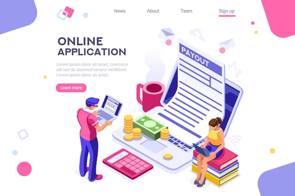 Work bills, coin site, money on blank webpage. Form, landing page concept for infographics, hero images. Flat isometric vector illustration. Web banner between white background, between empty space — Stock Vector