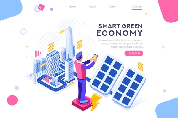 Digital solar building. Panels, electric economy, house device. Concept for infographics, hero images. Flat isometric vector illustration. Web banner between white background, between empty space — Stock Vector