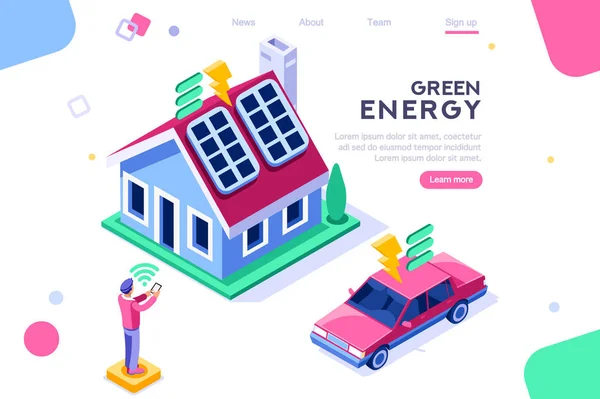 Edifício solar digital. Painéis, economia elétrica, dispositivo da casa. Conceito para infográficos, imagens de heróis. Ilustração vetorial isométrica plana. Banner da Web entre fundo branco, entre espaço vazio — Vetor de Stock