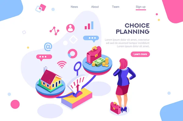 選択、人生の責任、仕事の選択、プロの意思決定のバランス。白い背景の間のバナー、空のスペースの間。3D 画像アイソメ ベクトル イラストレーション。人と交流する — ストックベクタ