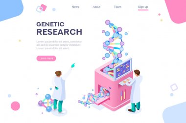 Genetik afiş promosyonu. Araştırma, infographics için genom kavramı, kahraman görüntüleri. Düz isometrik vektör çizimi. Beyaz arka plan arasında, boş alan arasında web afişi