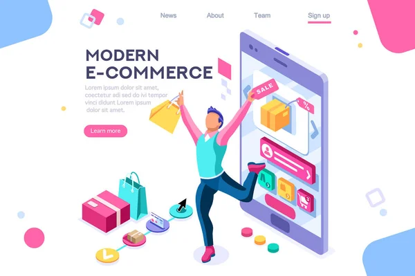 Concept, graphique acheteur, design consumérisme. Acheteur, interface e-commerce, articles. Disposition utilisée pour le consumérisme en ligne. Des gens qui interagissent. Illustration vectorielle isométrique 3d . — Image vectorielle