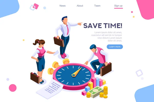コンサルティング、マネーコントロールエコノミータイム。フラットカラーアイコン、クリエイティブイラスト、アイソメトリックインフォグラフィック画像、ウェブバナー - ベクトル — ストックベクタ