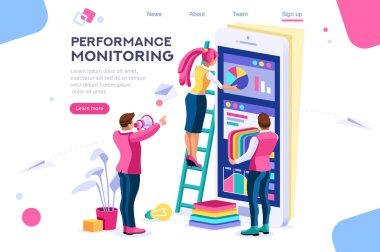 Soyut merdiven sunumu. Toplamayı izleyin. Basit tasarımcı bina monitör grafik performansı. Düz renk simgeleri, yaratıcı çizimler, izometrik infografik görüntüler, web afiş